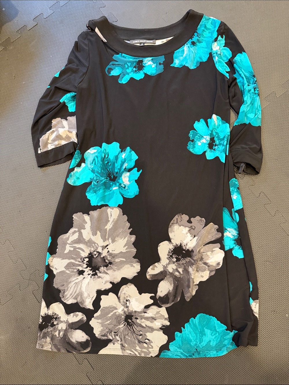Jones Wear Black Midi Dress with Teal and Gray Floral Print